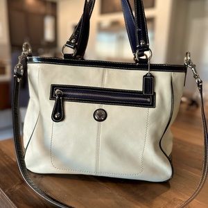 Coach Laura Tote Ivory/blue leather with blue patent leather trim